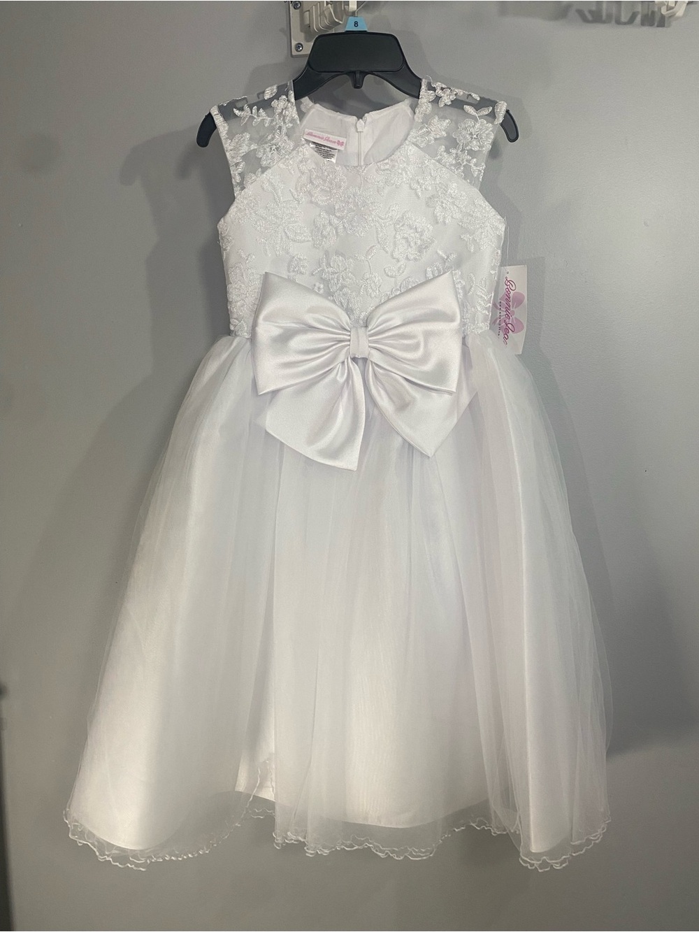 Bonnie Jean White Lace Tulle Flower Girl Dress with Satin Bow